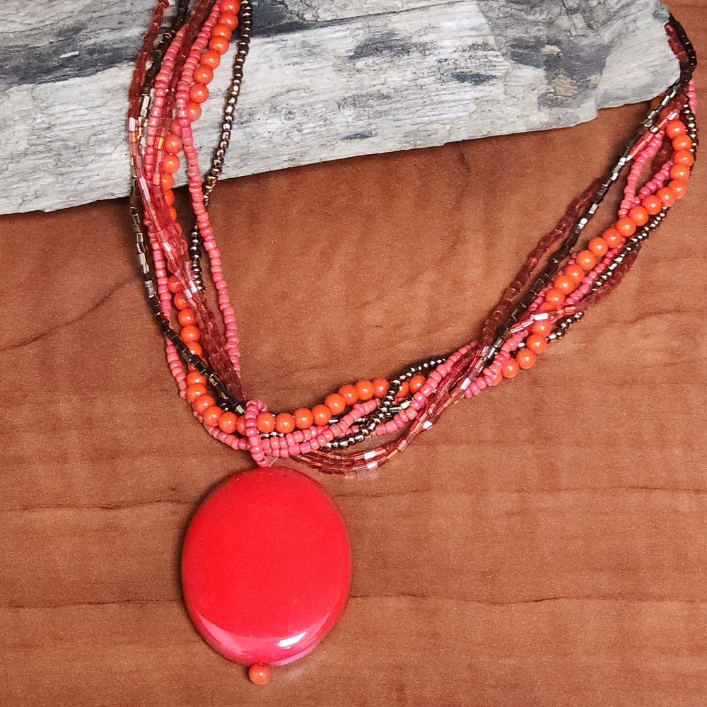 Vintage Bronze, Red & Coral Colored Statement Collar Multi-strand Necklace
